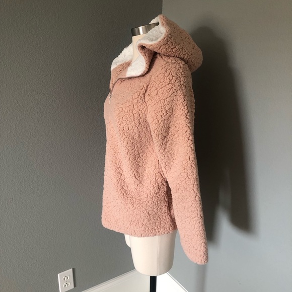 Coeur de Vague Blush Fluffy Quarter-Zip Plush Hoodie Fleece Sweatshirts - Picture 7 of 16